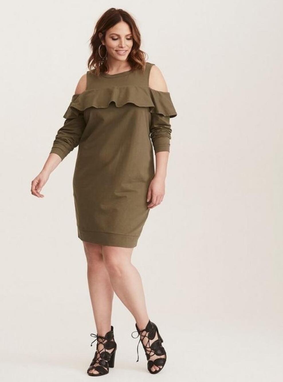 Torrid Olive Green Ruffled Knit Cold Shoulder Sweatshirt Dress 2X